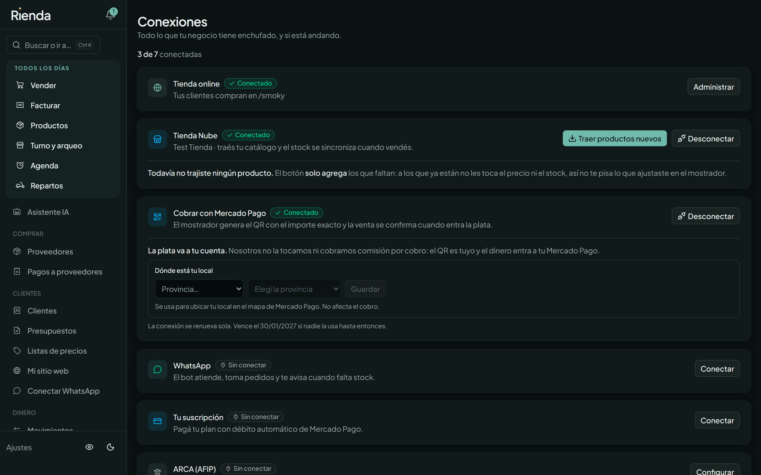 Pantalla de conexiones: tienda online, Mercado Pago, ARCA y las tiendas sincronizadas