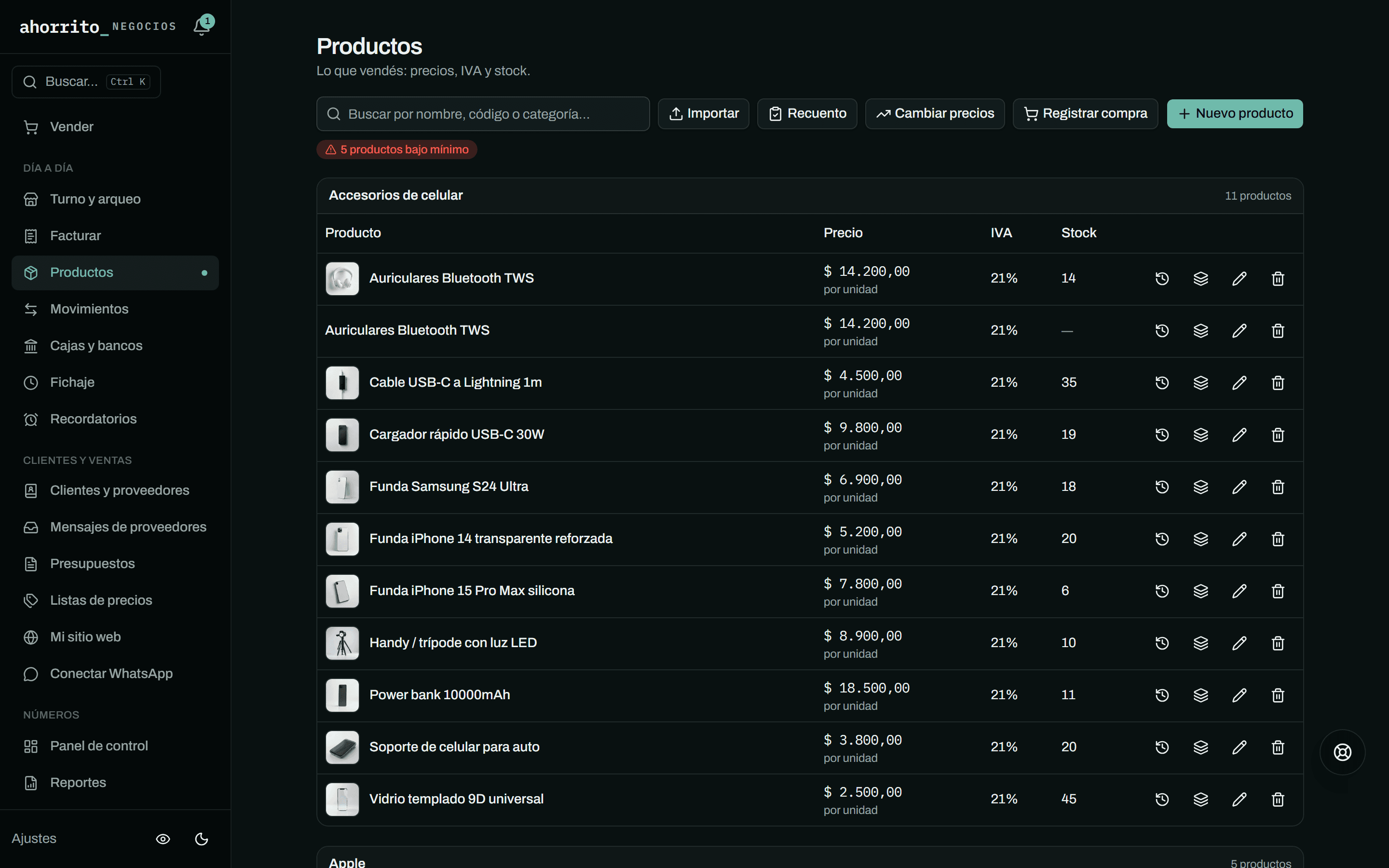 Catálogo de productos con precio, IVA, stock y alerta de bajo mínimo